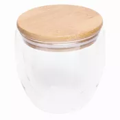 Dwuścienna szklanka z pokrywą z bambusa. Przezroczysta, odporna na temperaturę, o pojemności ok. 250 ml