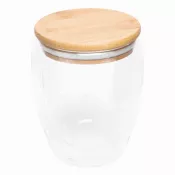 Dwuścienna szklanka z pokrywą z bambusa. Przezroczysta, odporna na temperaturę, o pojemności ok. 250 ml