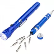 niebieski - Zestaw narzędzi, śrubokręt, 8 końcówek, teleskopowa latarka 3 LED
