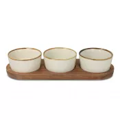 ecru - InSideOut Drewniany stojak z 3 ceramicznymi okrągłymi miskami
