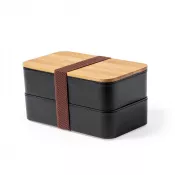czarny - Pudełka śniadaniowe 2 szt., 2x700 ml, bambusowe wieczko, sztućce
