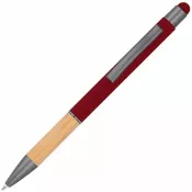 bordowy - Długopis metalowy z uchwytem z bambusa i touch penem