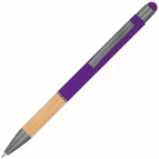 fioletowy - Długopis metalowy z uchwytem z bambusa i touch penem