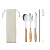 Sztućce stalowe z bukowymi uchwytami w etui CUSTA SET Bezowy