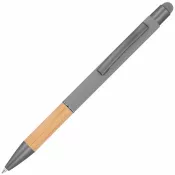 szary - Długopis metalowy z uchwytem z bambusa i touch penem