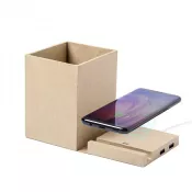 neutralny - Składana ładowarka bezprzewodowa 5W z kartonu z recyklingu, hub USB 2.0, pojemnik na przybory do pisania, stojak na telefon