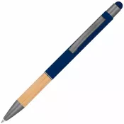 granatowy - Długopis metalowy z uchwytem z bambusa i touch penem