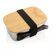 srebrny - Pudełko śniadaniowe z bambusowym wieczkiem, łyżkowidelec