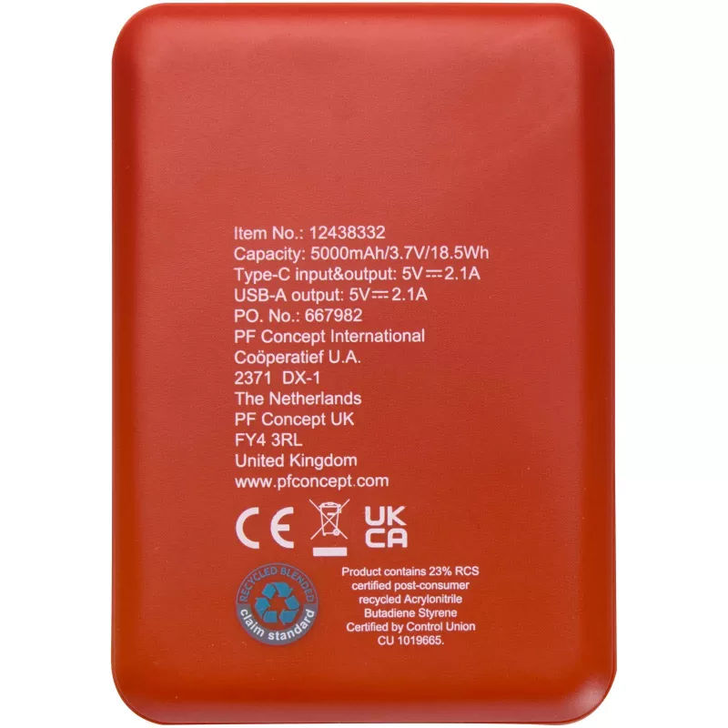 Asama powerbank o pojemności 5000 mAh Type-C z tworzyw sztucznych pochodzących z recyklingu - Brick (12438332)