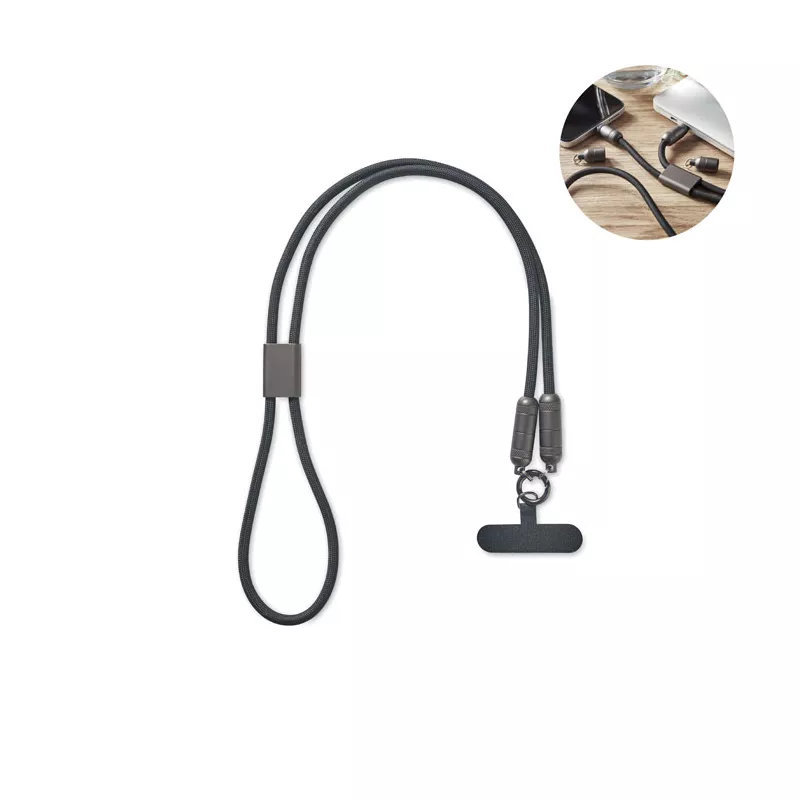 Smycz do telefonu z kablem 60W USB-C SHAKA - Czarny (MO2585-03)
