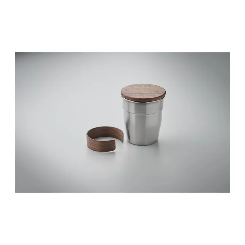 Kubek stalowy z pokrywką z orzecha 350 ml WALNUT - Srebrny Mat (MO2322-16)