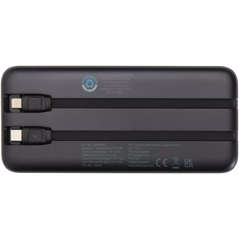 Adhil powerbank o pojemności 10.000 mAh i mocy 10 W z tworzyw sztucznych pochodzących z recyklilngu z 2 wbudowanymi kablami - Czarny (12445990)