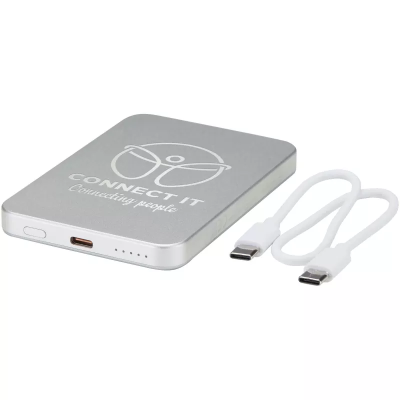 Powerbank Avis 5000 mAh z recyklingowanego aluminium posiadającego certyfikację RCS, z wbudowanym magnesem  - Srebrny (12444381)