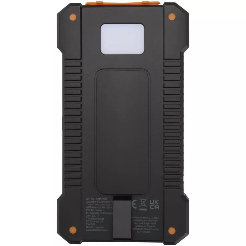 Altair wytrzymały powerbank o pojemności 5000 mAh i mocy 10 W, wykonany z tworzyw sztucznych pochodzących z recyklingu, z wbudowaną latarką - Czarny (12447190)