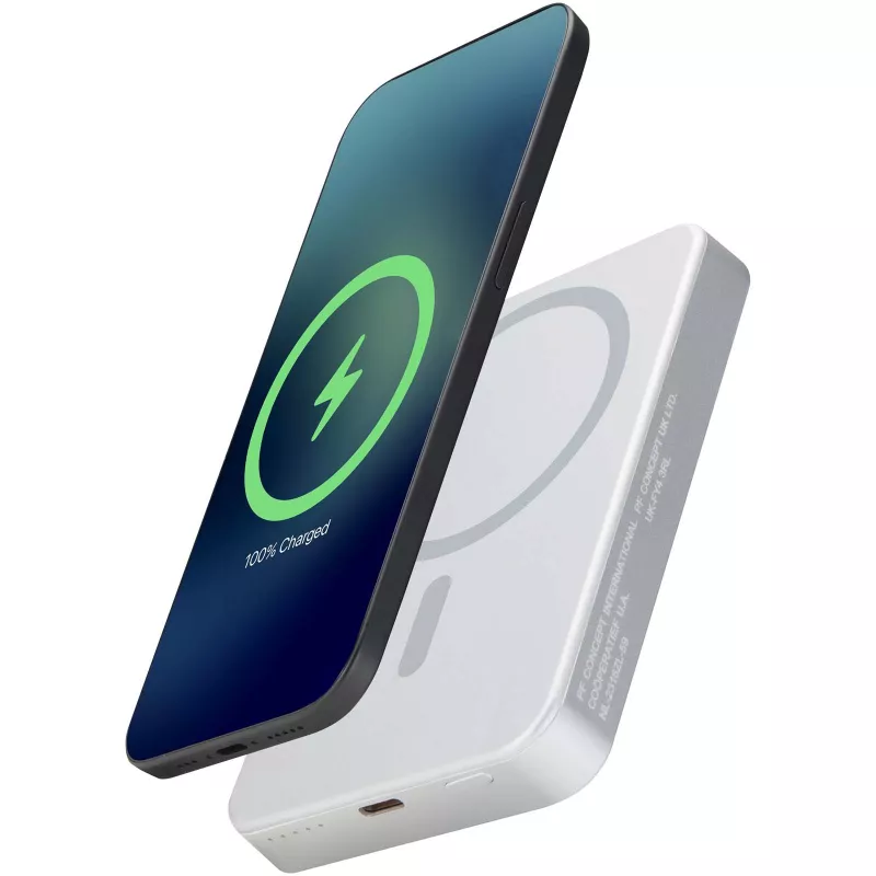 Powerbank Avis 10 000 mAh z recyklingowanego aluminium, z wbudowanym magnesem  - Srebrny (12444581)