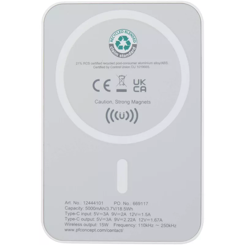 Acrab magnetyczny bezprzewodowy powerbank o pojemności 5000 mAh i mocy 15 W z technologią PD 20 W — wykonany z tworzyw sztycznych pochodzących z recyklingu. - Biały (12444101)