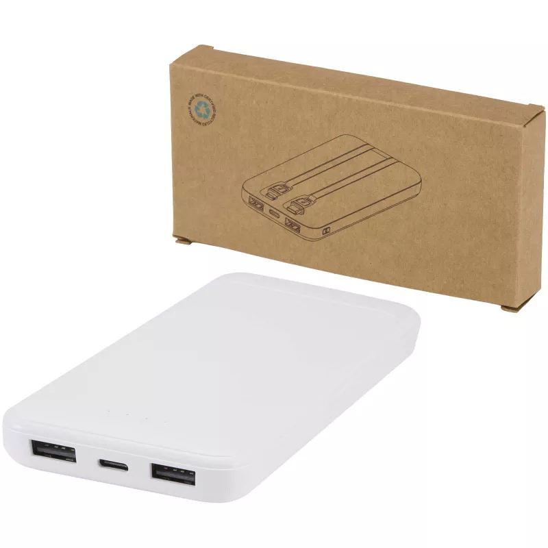 Adhil powerbank o pojemności 10.000 mAh i mocy 10 W z tworzyw sztucznych pochodzących z recyklilngu z 2 wbudowanymi kablami - Biały (12445901)