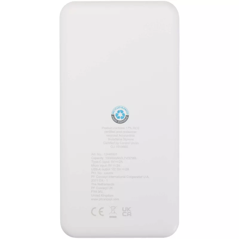 Intan powerbank o pojemności 10 000 mAh i mocy 10 W z tworzyw sztucznych pochodzących z recyklingu - Biały (12445801)