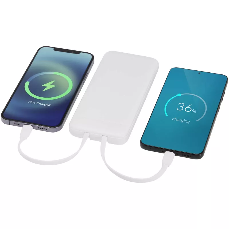 Adhil powerbank o pojemności 10.000 mAh i mocy 10 W z tworzyw sztucznych pochodzących z recyklilngu z 2 wbudowanymi kablami - Biały (12445901)