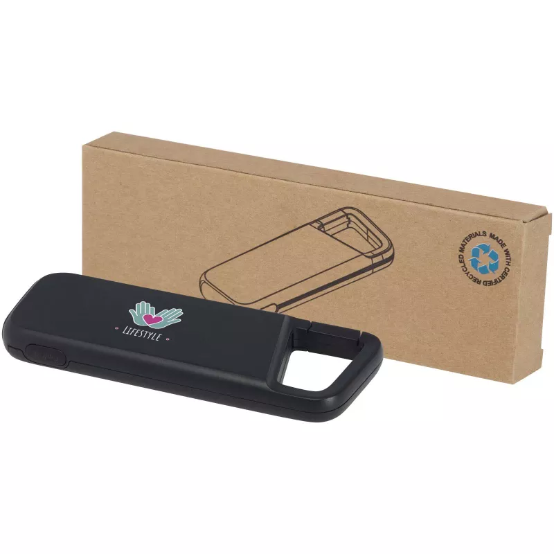 Alkes wodoodporny powerbank z karabińczykiem o pojemności 5000 mAh i mocy 12 W, wykonany z tworzyw sztucznych pochodzących z recyklingu - Czarny (12447090)