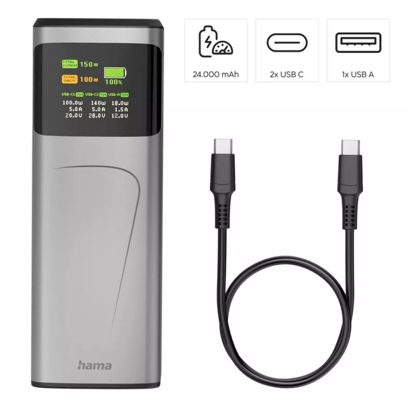 Power bank 24000 mAh Hama High Power 150W - grafitowy (VH029-15)