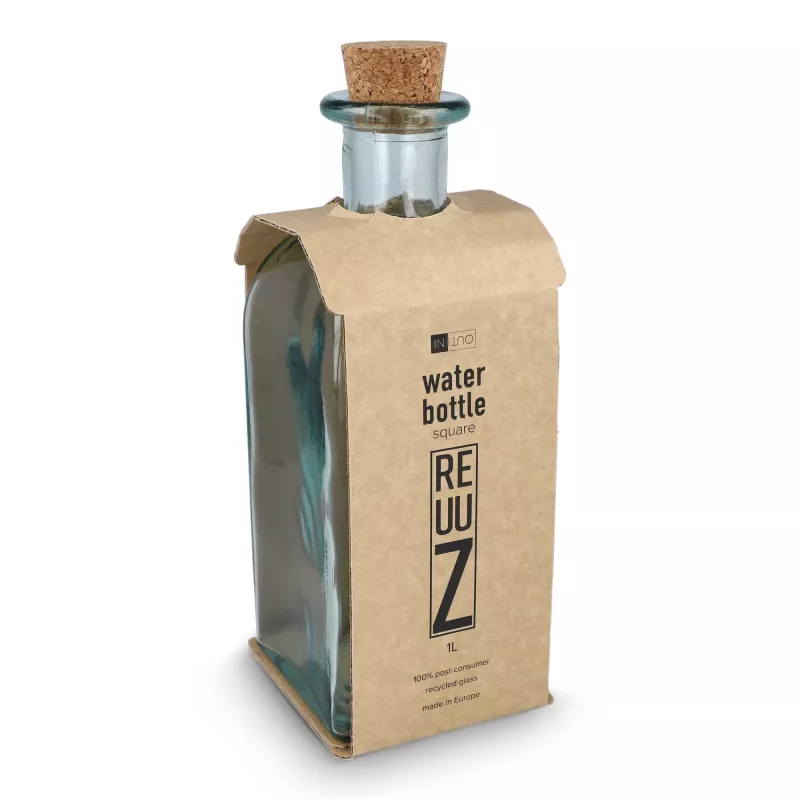 Butelka na wodę InSideOut Square z recyklingowanego szkła ReuuZ z korkiem 1 l - transparentny (LT57016-N0004)