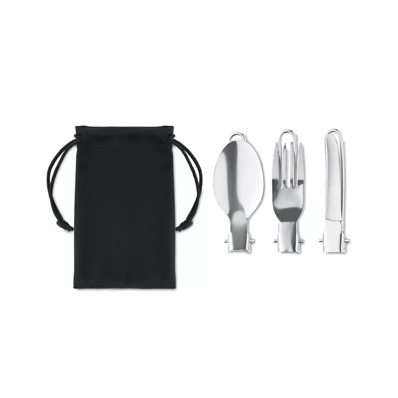 Sztućce kempingowe stalowe w etui RPET STAPI SET - Czarny (MO6359-03)