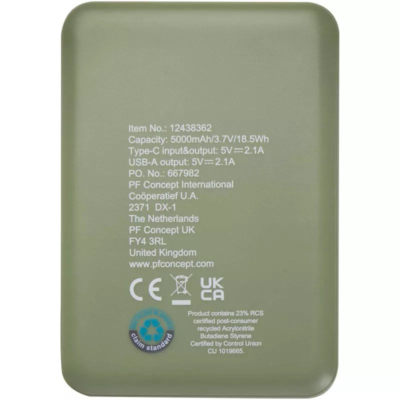 Asama powerbank o pojemności 5000 mAh Type-C z tworzyw sztucznych pochodzących z recyklingu - Zielony melanż (12438362)