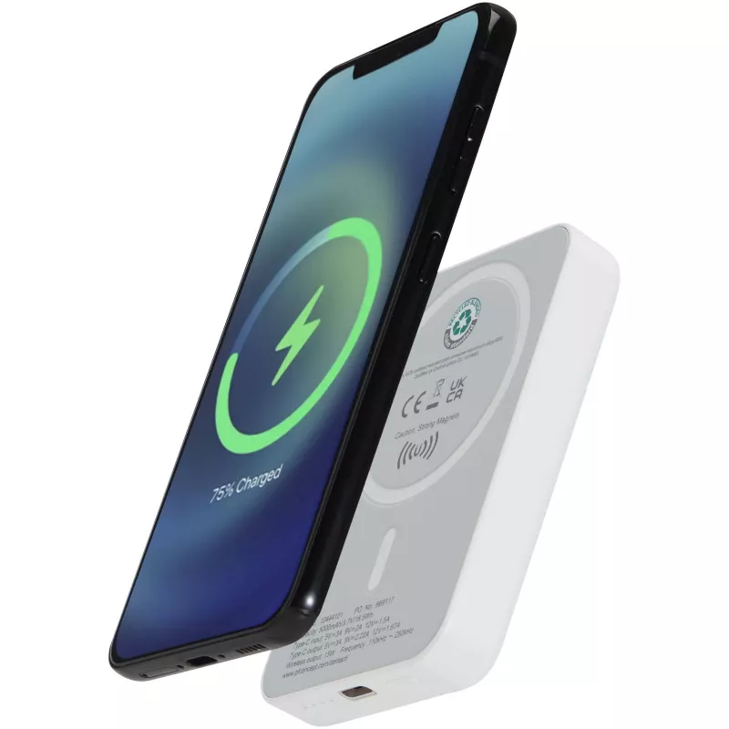Acrab magnetyczny bezprzewodowy powerbank o pojemności 5000 mAh i mocy 15 W z technologią PD 20 W — wykonany z tworzyw sztycznych pochodzących z recyklingu. - Biały (12444101)