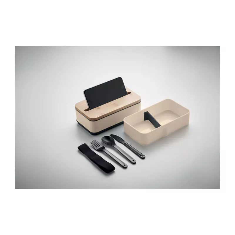 Lunchbox dwupoziomowy 2x400 ml ze sztućcami WINT - Bezowy (MO2088-13)