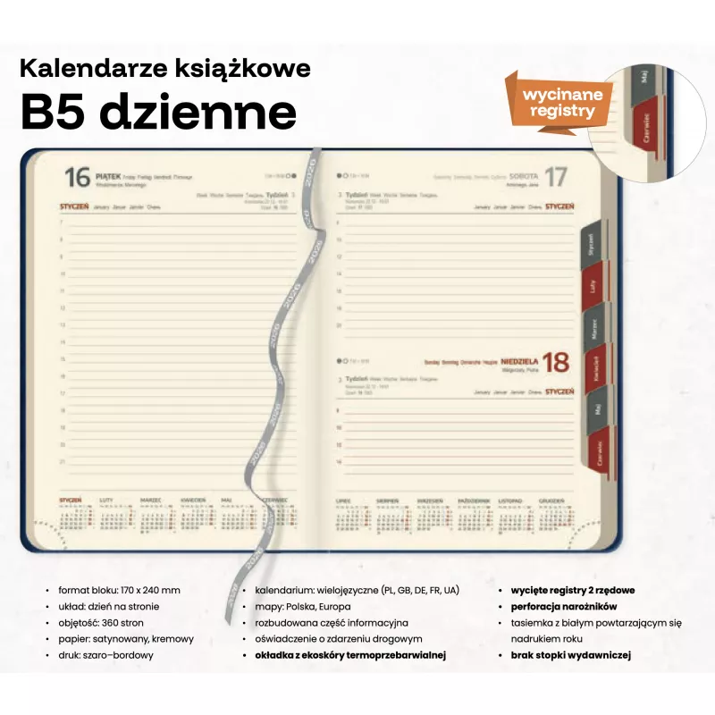 Kalendarz książkowy B5 DZIENNY z registrami - Czarny z czerwonym (B5-DZ-KK37)