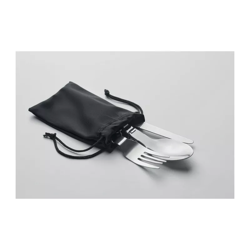 Sztućce kempingowe stalowe w etui RPET STAPI SET - Czarny (MO6359-03)