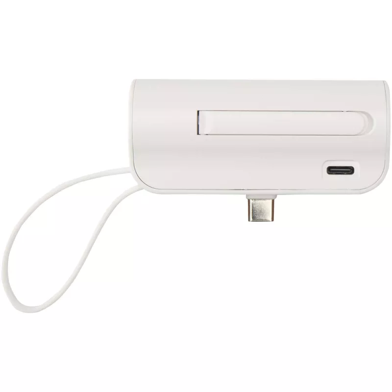 Alnair powerbank o pojemności 5000 mAh i mocy 10 W, wykonany z tworzyw sztucznych pochodzących z recyklingu, z wbudowaną podstawką i kablem 2 w 1 - Biały (12447201)