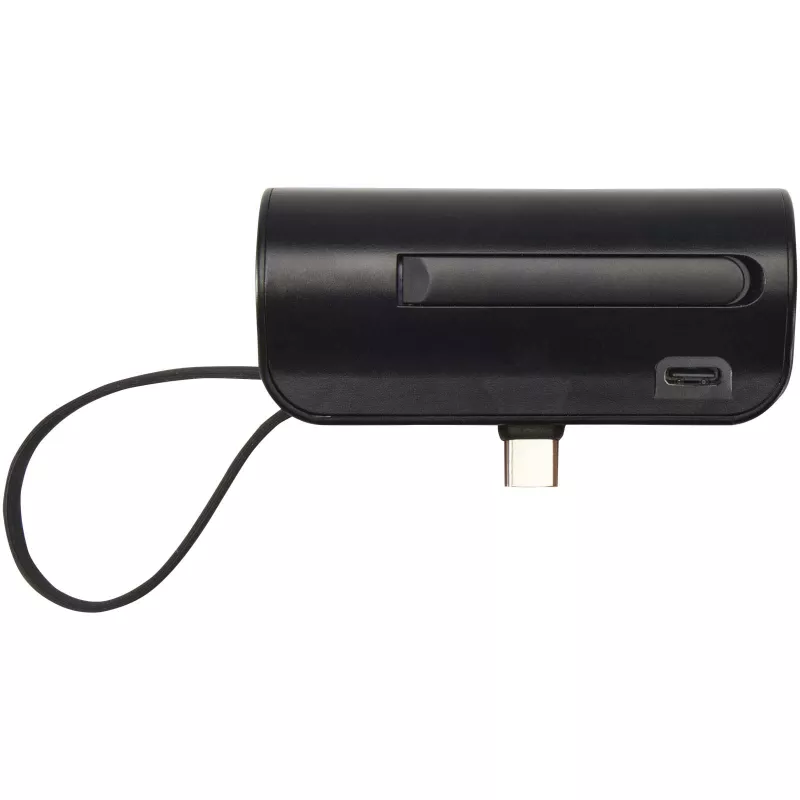 Alnair powerbank o pojemności 5000 mAh i mocy 10 W, wykonany z tworzyw sztucznych pochodzących z recyklingu, z wbudowaną podstawką i kablem 2 w 1 - Czarny (12447290)