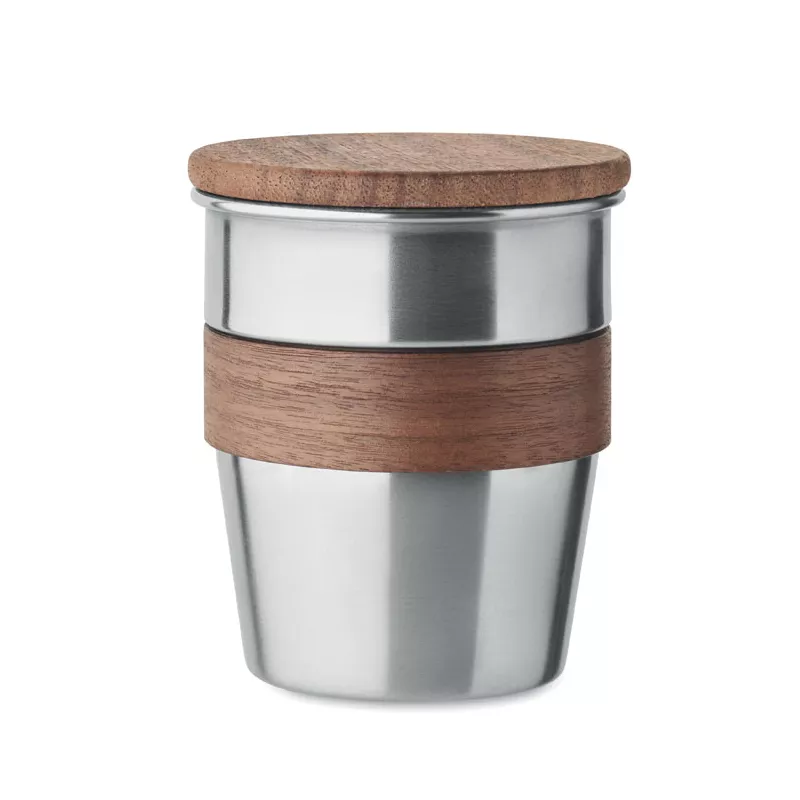 Kubek stalowy z pokrywką z orzecha 350 ml WALNUT - Srebrny Mat (MO2322-16)