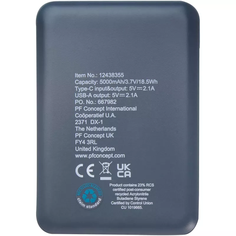 Asama powerbank o pojemności 5000 mAh Type-C z tworzyw sztucznych pochodzących z recyklingu - Hale Blue (12438355)