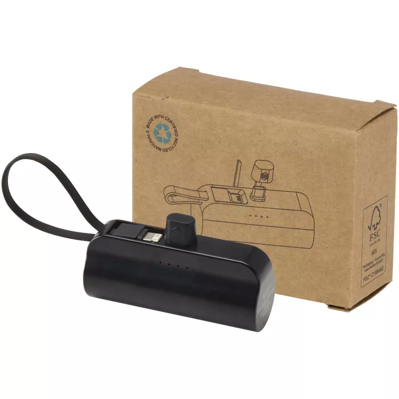 Alnair powerbank o pojemności 5000 mAh i mocy 10 W, wykonany z tworzyw sztucznych pochodzących z recyklingu, z wbudowaną podstawką i kablem 2 w 1 - Czarny (12447290)
