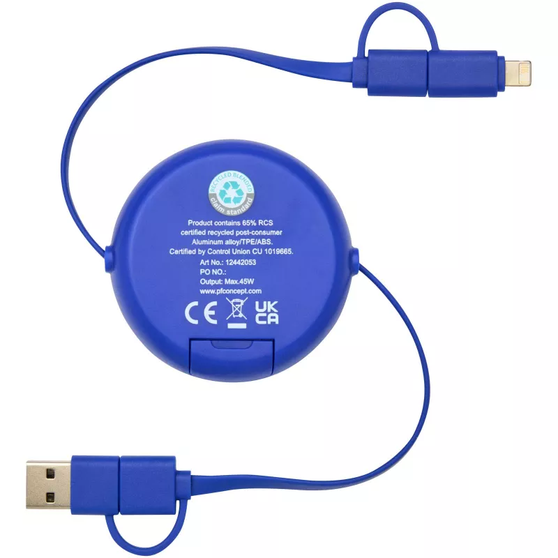 Alasia zwijany kabel do synchronizacji danych i szybkiego ładowania 5 w 1 45 W o długości 100 cm z tworzyw sztucznych i aluminium pochodzących z recyklingu - Błękit królewski (12442053)