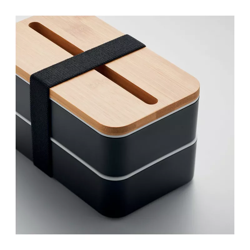 Lunchbox dwupoziomowy 2x400 ml ze sztućcami WINT - Czarny (MO2088-03)
