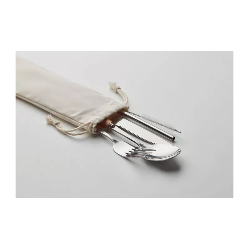 Sztućce stalowe z bukowymi uchwytami w etui CUSTA SET - Bezowy (MO6336-13)