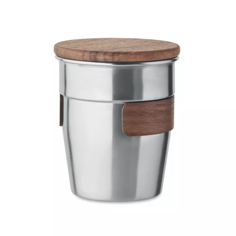 Kubek stalowy z pokrywką z orzecha 350 ml WALNUT - Srebrny Mat (MO2322-16)