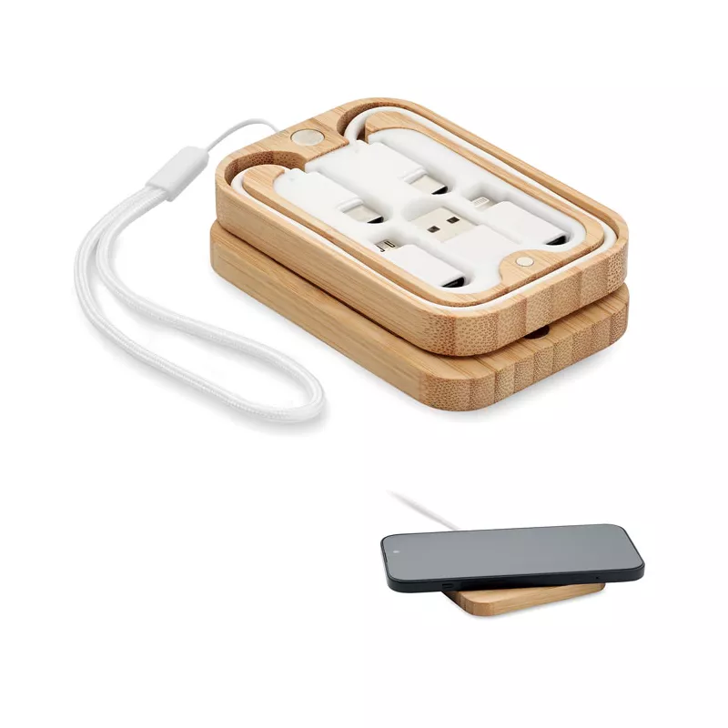 Ładowarka bezprzewodowa 15W z kablem 3 w 1 CHARGOO - Drewna (MO2450-40)