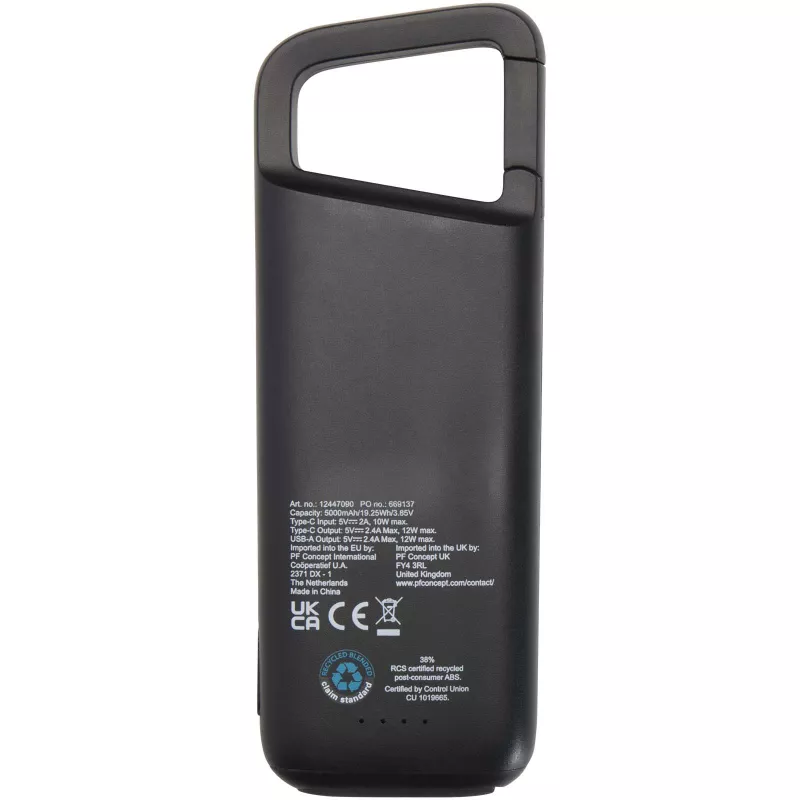 Alkes wodoodporny powerbank z karabińczykiem o pojemności 5000 mAh i mocy 12 W, wykonany z tworzyw sztucznych pochodzących z recyklingu - Czarny (12447090)