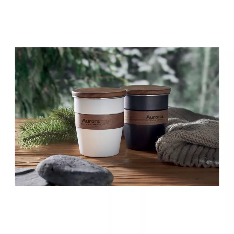 Kubek stalowy z pokrywką z orzecha 350 ml WALNUT - Bialy (MO2322-06)