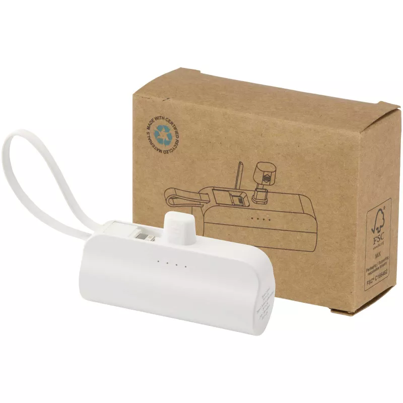 Alnair powerbank o pojemności 5000 mAh i mocy 10 W, wykonany z tworzyw sztucznych pochodzących z recyklingu, z wbudowaną podstawką i kablem 2 w 1 - Biały (12447201)
