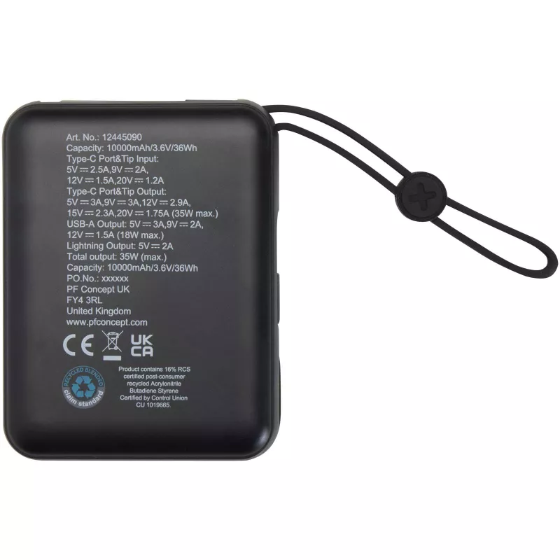 Acrux powerbank do tabletu o pojemności 10 000 mAh i mocy 35 W z wbudowanym kablem typu C - wykonany z tworzyw sztucznych pochodzących z recyklingu. - Czarny (12445090)