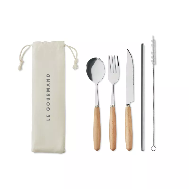 Sztućce stalowe z bukowymi uchwytami w etui CUSTA SET - Bezowy (MO6336-13)