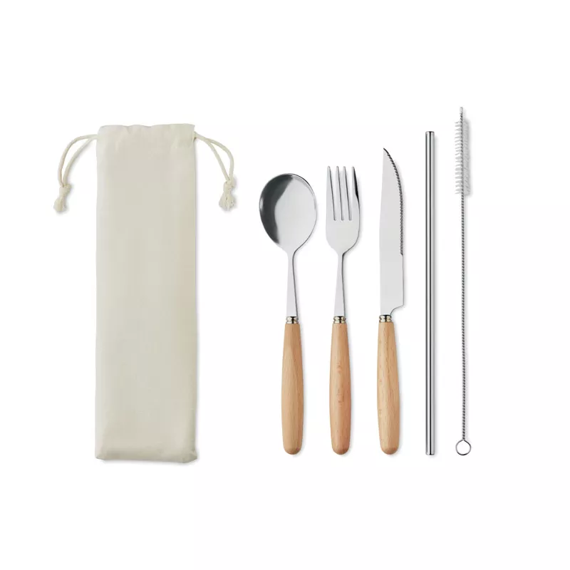 Sztućce stalowe z bukowymi uchwytami w etui CUSTA SET - Bezowy (MO6336-13)