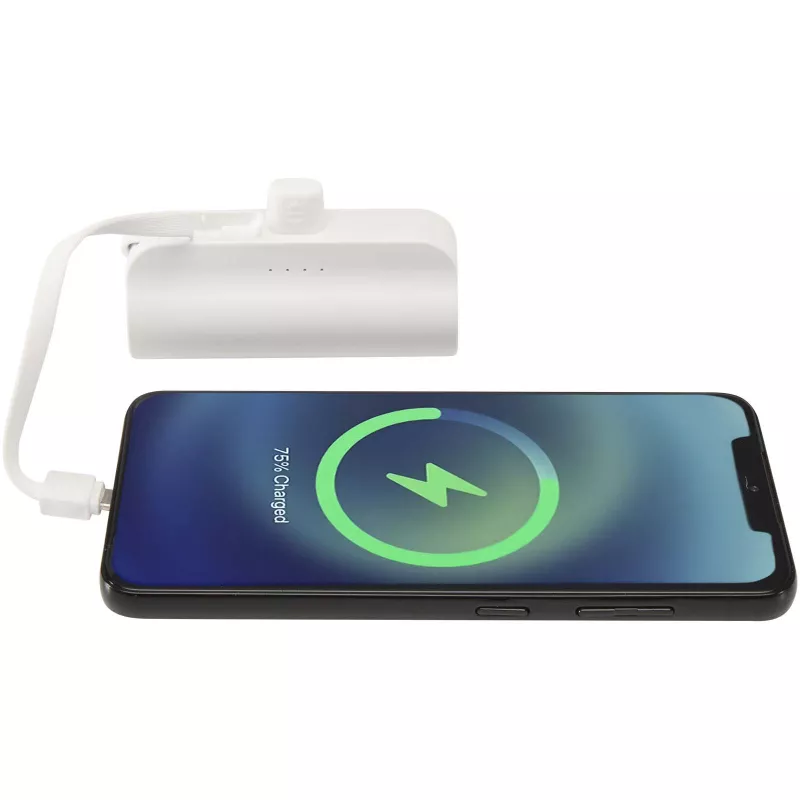 Alnair powerbank o pojemności 5000 mAh i mocy 10 W, wykonany z tworzyw sztucznych pochodzących z recyklingu, z wbudowaną podstawką i kablem 2 w 1 - Biały (12447201)