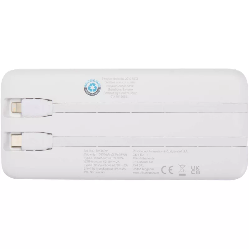 Adhil powerbank o pojemności 10.000 mAh i mocy 10 W z tworzyw sztucznych pochodzących z recyklilngu z 2 wbudowanymi kablami - Biały (12445901)